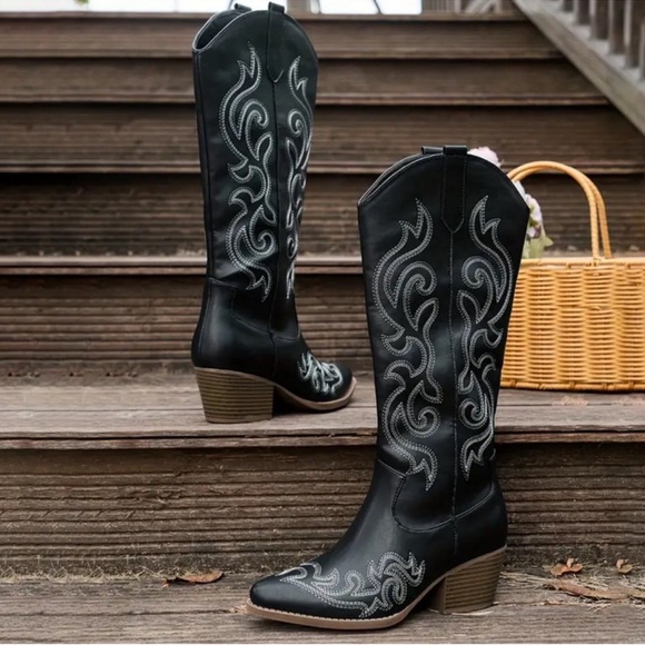 ✨ Chic Black Cowboy Boots Embroidered Cowgirl Boots Knee-High Western Boots - Picture 4 of 4